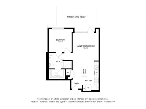 Floor plan for 1 bed, 1 bath, 729 sqft